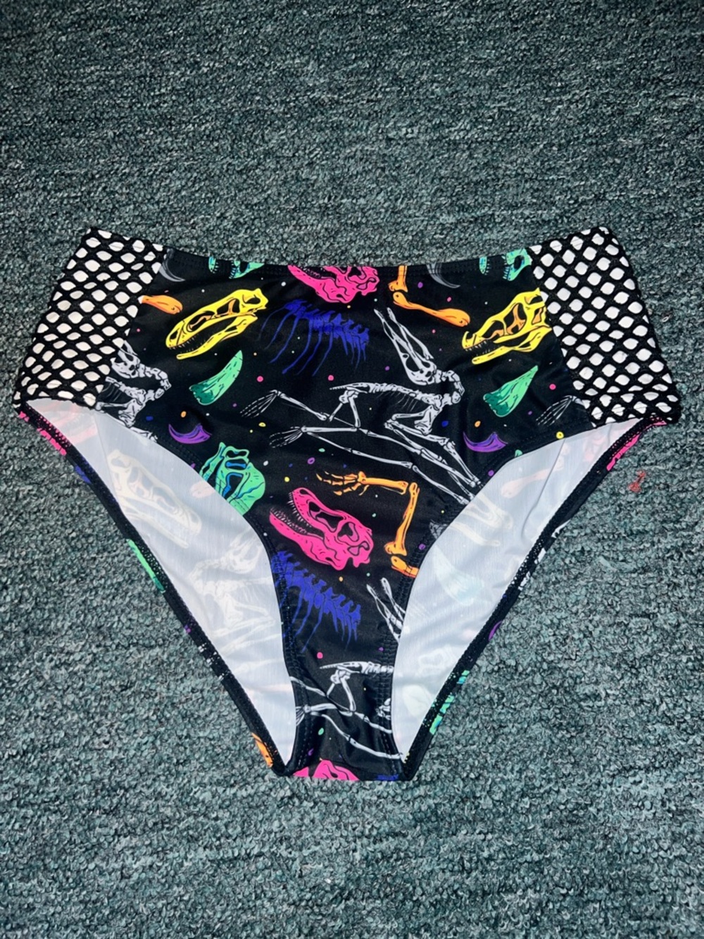 High-Waist Neon Skeleton Print Bikini Bottom - Black